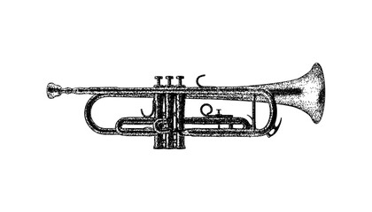 Obraz premium Illustration of a trumpet in vintage stipple engraving style isolated on transparent background