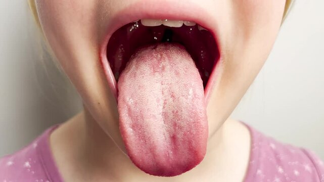 Close up of a human child open mouth with tongue extended and visible throat, tonsils, and uvula. Medical or dental examination concept with bright lighting. Red throat close up.