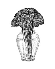Illustration of a bouquet of roses in a vase in vintage stipple engraving style isolated on transparent background