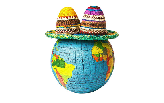 Globe adorned with cultural hats from each continent representing world heritage Isolated on transparent background.
