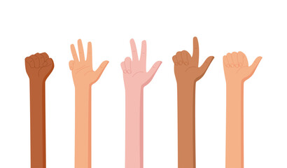 Finger count set in cartoon graphic style shows various numbers. Gesture and bare arm illustrations present different ways to count and are perfect for educational elements. Flat people style suits