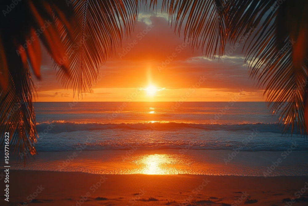 Poster beautiful sunset over a tranquil beach with gentle waves and palm trees framing the vibrant horizon 
