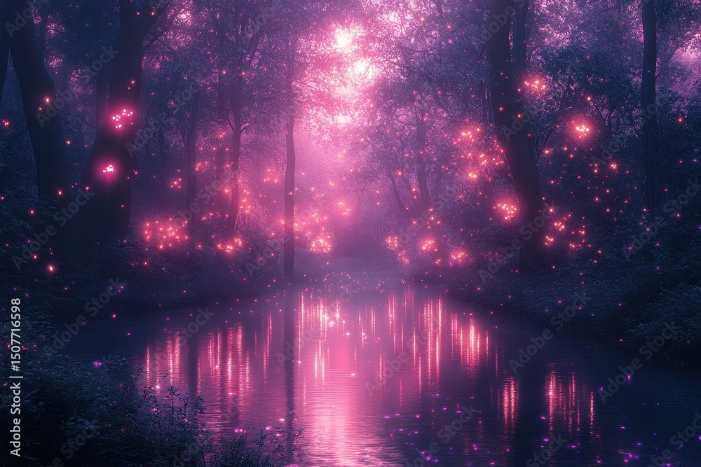 Poster a magical forest illuminated by glowing flowers at twilight with mist and soft pink hues highlightin