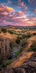 Sunset Mountain Valley Landscape With Creek