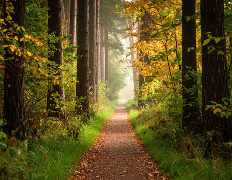 Serene pathway winds through autumnal forest, surrounded by tall trees adorned with vibrant yellow and orange leaves. soft light filters through branches, creating tranquil atmosphere