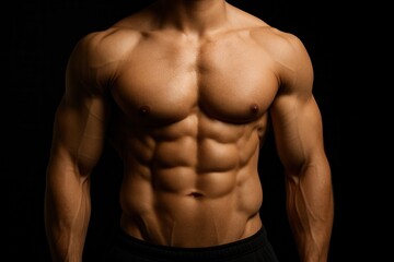 Fototapeta premium Muscular bodybuilder showing his perfect abs and pecs on black background
