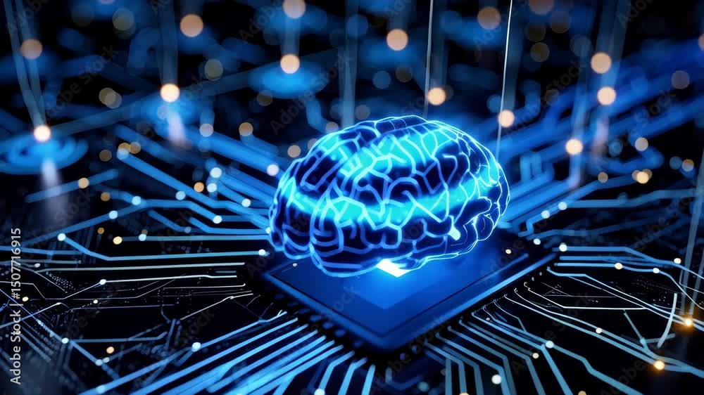 Poster artificial intelligence brain rendering on computer chip circuit board with glowing connection point