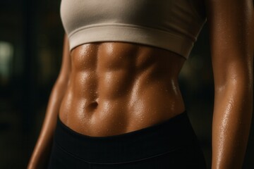 Close-up of sweaty abs of sporty woman showing perfect fitness results
