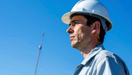Obraz premium Construction Worker Profile, Blue Sky - Authentic imagery