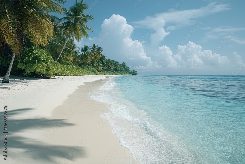 Poster serene beach landscape with gentle waves lapping the shore under a clear sky and soft clouds during 