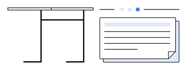 Desk with a modern design alongside a digital page interface featuring layered text and navigation dots. Ideal for work, productivity, document management, user interface, organization, modern