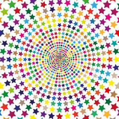 Rainbow star spiral. Twisting vortex pattern. Vector concentric motion. White dynamic background.