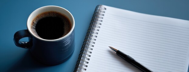 Dark Coffee In Blue Mug And Notebook With Pen
