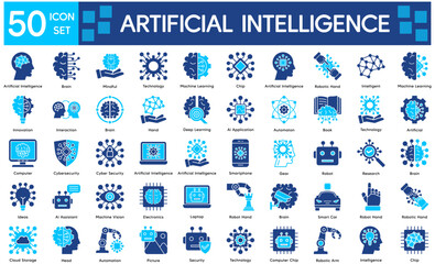 Artificial Intelligence Icons Collection related to    Machine Learning, Brain, Mindful, Technology, Chip, Robotic Hand, Intelligent, Innovation, Interaction.