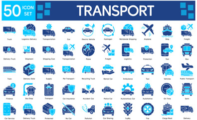 Transport Icons Collection related to    Transportation, Vehicle, Car, Truck, Airplane, Ship, Train, Bus, Delivery, Logistics, Freight, Shipment, Shipping.
