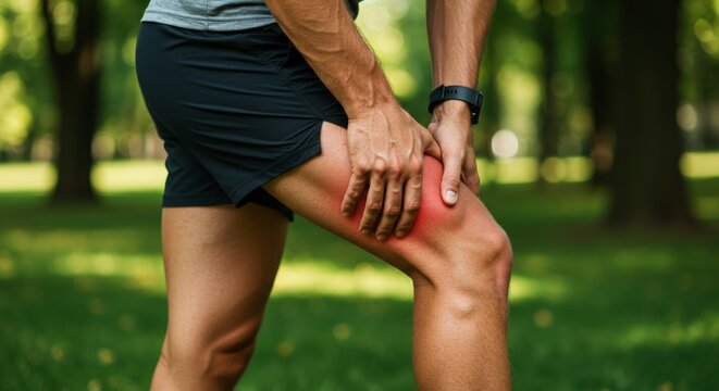 Athlete holding painful leg muscle during run