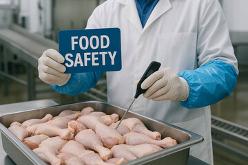 Food safety inspector testing internal temperature of raw chicken drumsticks in metal tray using digital thermometer to validate hygiene protocols and control in meat processing..