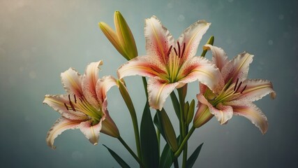 Fototapeta premium A modern flat design wallpaper depicting amazing lily flowers soft dreamy atmosphere with artistic lighting and abstract patterns hazy soft light simple two-dimensional shapes bright vibrant colors.