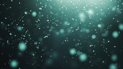 Fototapeta premium Dark textured background with a subtle grain effect, floating digital particles scattered across the scene, mostly in soft aqua green and light white , creating a futuristic dust effect