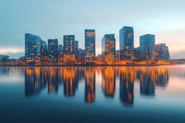 Fototapeta premium Modern city skyline at dusk with illuminated multi-story buildings reflecting on calm water under cloudy sky