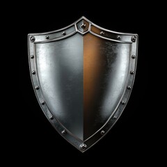 Shiny metallic medieval shield with rivets on black background symbolizing protection and strength