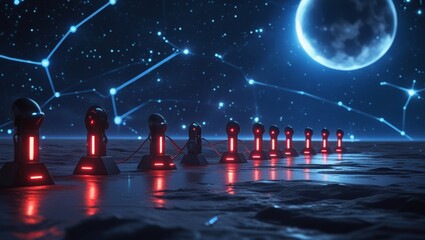 In deep space, a chain of automatic alien space beacons is stretched out, alarmingly flashing red light and emitting gravitational vibrations into space as warning signal about approaching a dangerous