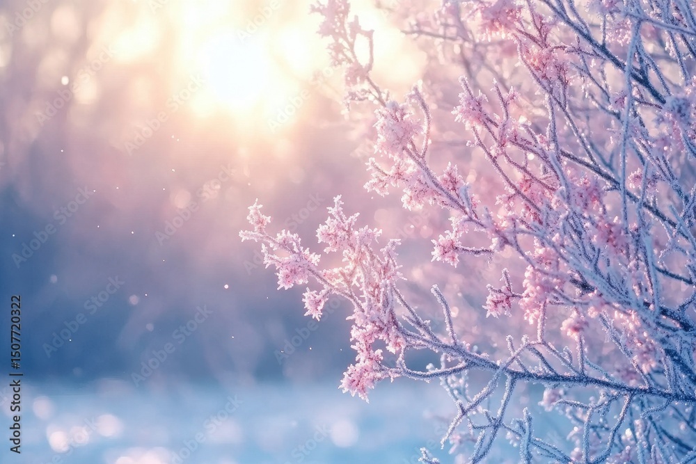 Poster Winter sunlight filters through snowy trees in a serene forest setting, creating a tranquil atmosphere at dawn
