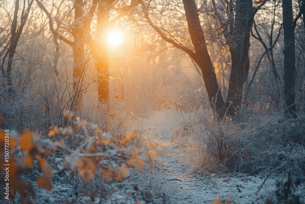 Poster winter sunlight filters through snowy trees in a serene forest setting, creating a tranquil atmosphe