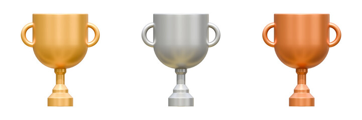 Rank trophies, gold, silver and bronze trophy cups. Winners awards for different place in game.