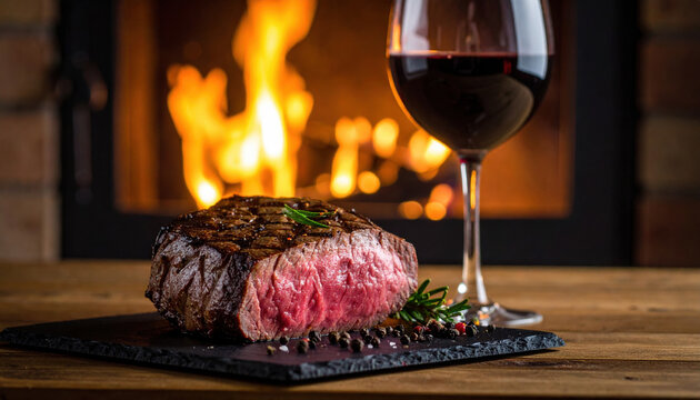 Succulent piece of venison steak, its rich marbling glistening like ruby, is beautifully presented beside glass of red wine, creating warm and inviting atmosphere by fireplace