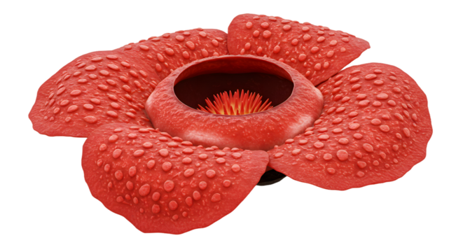Close-up of the largest flower Rafflesia Arnoldii reveals its unique texture and vibrant color on monochromatic background