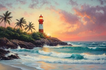 Obraz premium Lighthouse on rocky shore with palm trees at sunset under colorful sky and waves crashing on beach