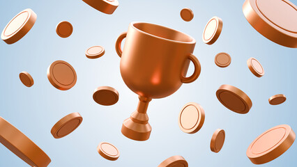 Bronze award cup and bronze coins on soft blue background. Coins flying around the trophy cup. 
Victory success concept. Winners with prize bronze cup, money coin on soft blue background. 