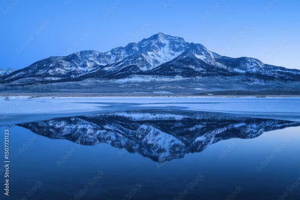 Aufkleber snow-covered mountain reflects in calm lake at dawn over a pristine landscape, capturing the serenit