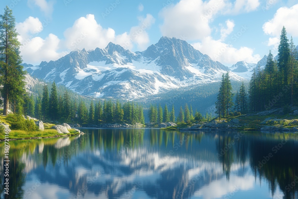 Aufkleber snow-covered mountain reflects in calm lake at dawn over a pristine landscape, capturing the serenit