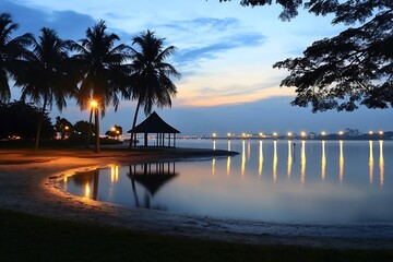 Fototapeta premium Serene twilight beach gazebo tropical paradise