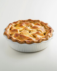 Delicious homemade apple pie with lattice crust in white ceramic pie dish on white background.