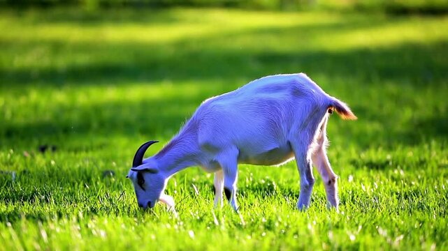 In a lush green field, a goat is peacefully grazing on fresh grass. The natural beauty surrounds it, with a gentle breeze flowing and soft sunlight enhancing the serene scene. The goat moves naturally