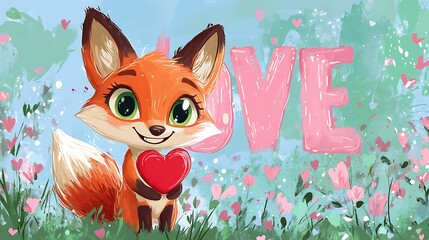 Cute fox with a heart in a floral backdrop.