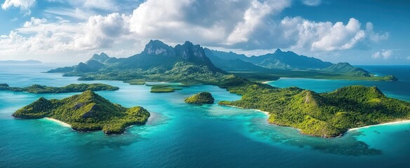 Obraz premium Aerial view of tropical islands with lush green vegetation, turquoise waters, sandy beaches, and mountainous terrain under a partly cloudy sky