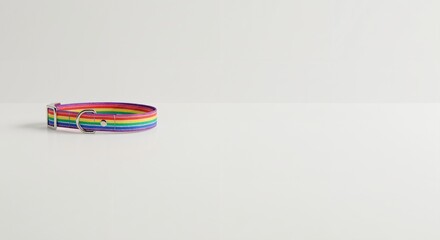 Rainbow Striped Dog Collar on a Clean White Background. Colorful Pet Accessory for LGBTQ Pride Celebration. Pet Fashion and Merchandise.