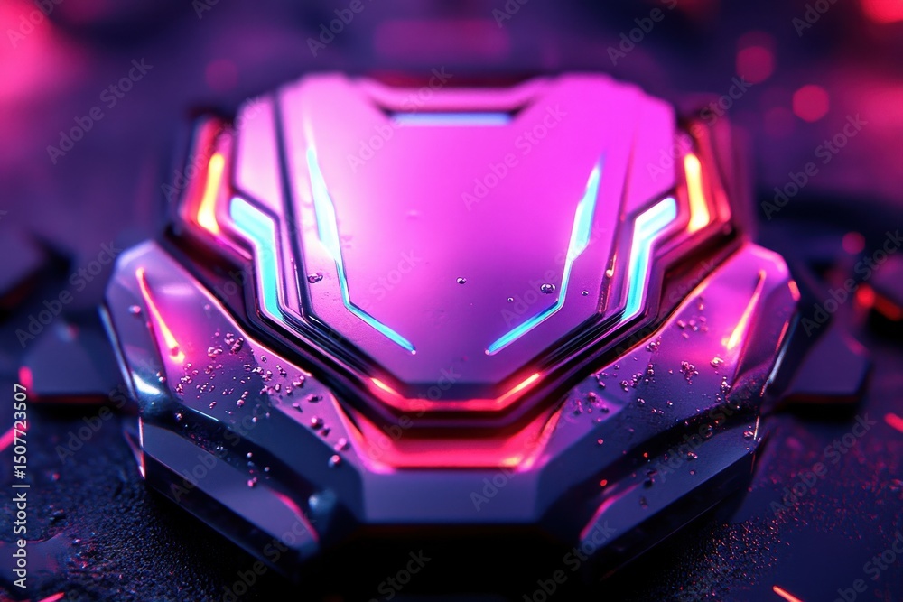 Poster Digital artwork showcasing a glowing emblem surrounded by vibrant particles in a futuristic setting at night