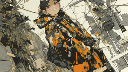 写真好きな女の子、カメラ、一眼レフ、旅、記録、笑顔の瞬間、風に揺れる髪、高精細なイラスト、自然光、情緒的構図、フィルム風のタッチで表現された日常のワンシーン