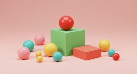 Colorful spheres and cubes arranged on a pink background in studio shot
