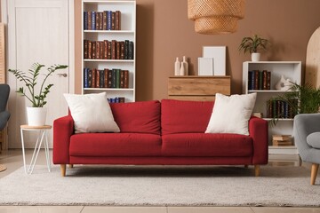 Interior of modern living room with bookcases and red sofa