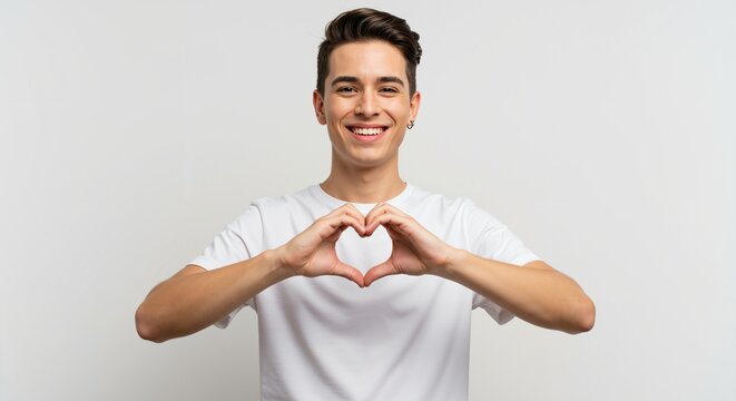 Young handsome Caucasian man in a white t-shirt smiling and making a heart shape with his hands, expressing love and affection. Isolated on a white studio background.