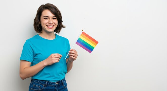 Young Caucasian woman smiling and holding a small rainbow pride flag. LGBTQ+ support and celebration concept on a white background with copy space.