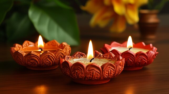 Decorative lotus-shaped candles illuminating a wooden surface.