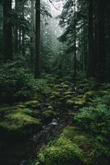 Fototapeta premium Misty Forest Path With Lush Green Plants