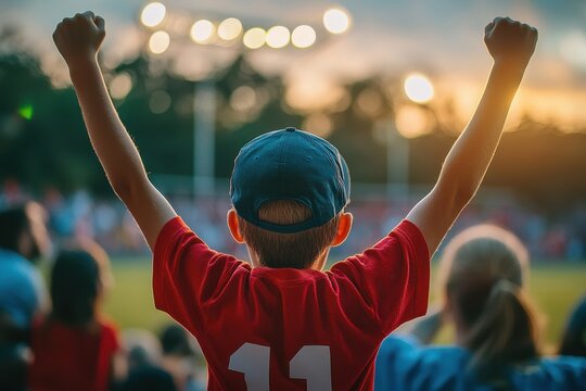 Excited child cheering at a baseball game in a crowded stadium during a sunny afternoon as fans celebrate a home run